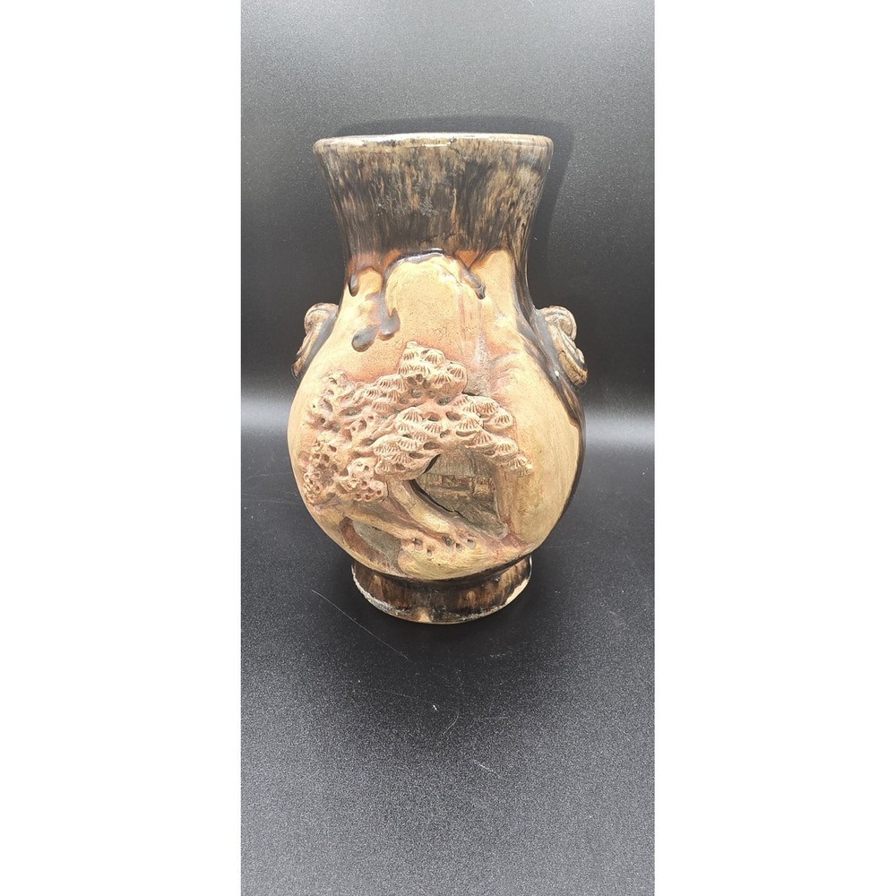 Japanese Brown Beige Pottery Vase with Relief Landscape Decoration‎